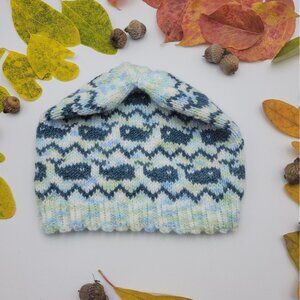 Hand Knit Handmade Hat Child 3T Unisex Beanie Blue WHALES Nautical KT0011